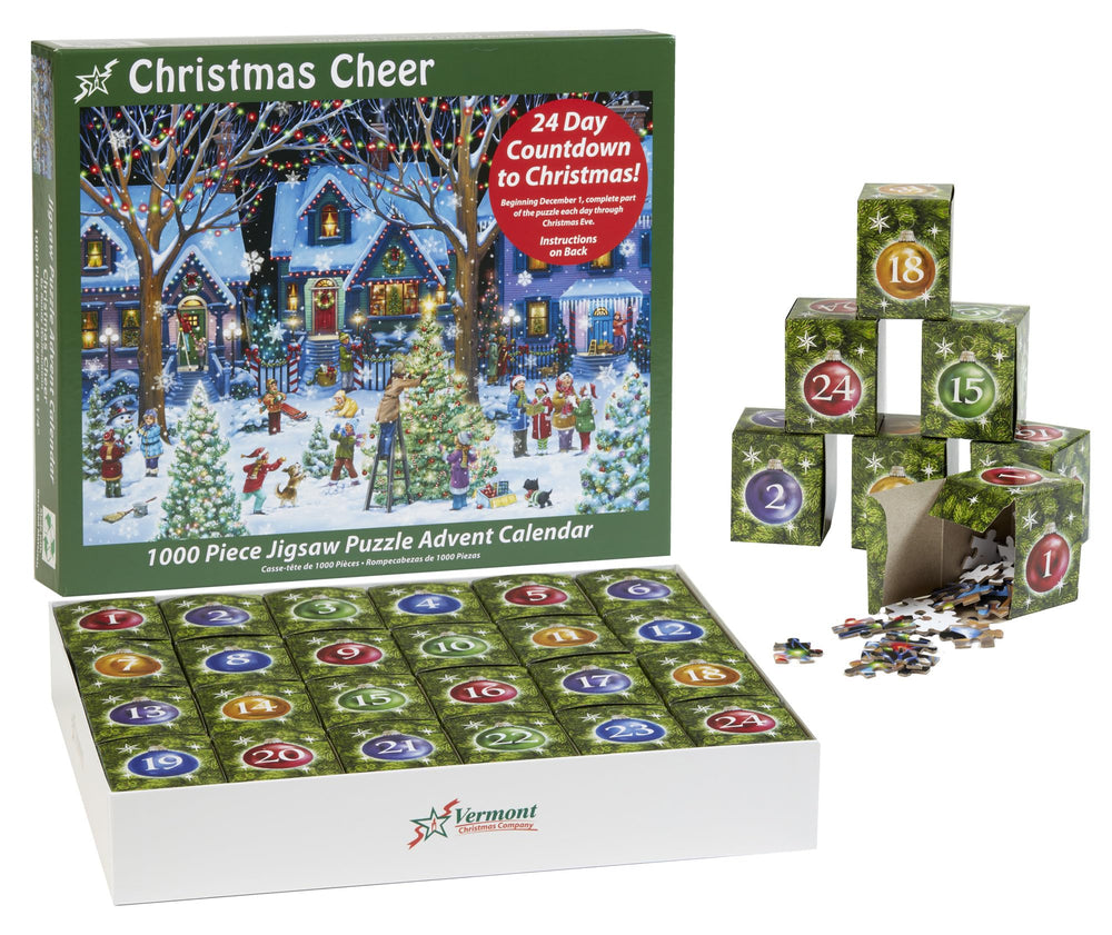 Vermont Christmas Company Advent calendar cover with 1000-piece puzzle ready for countdown.