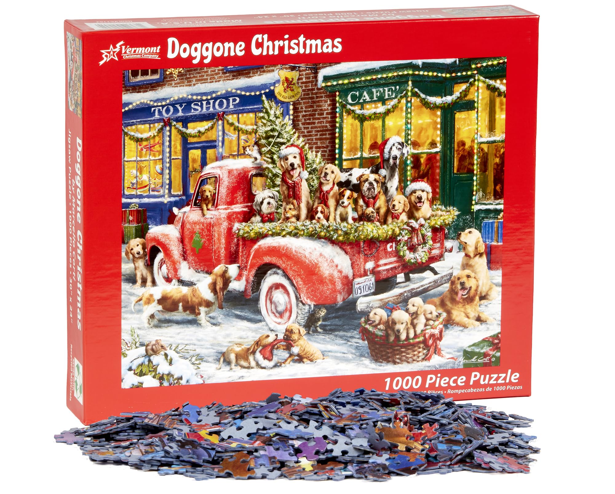 Vermont Christmas Company Doggone Puzzle table layout shows ready-to-assemble setup for holiday gatherings.
