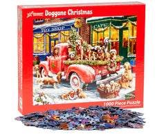 Vermont Christmas Company Doggone Puzzle table layout shows ready-to-assemble setup for holiday gatherings.
