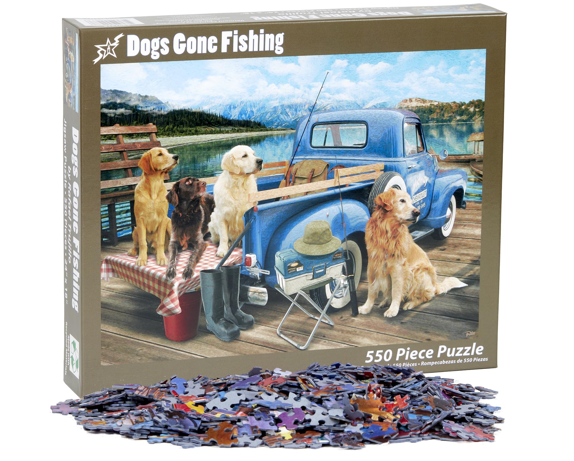 Vermont Christmas Company Dogs Gone Fishing during a cozy family night for shared problem solving.