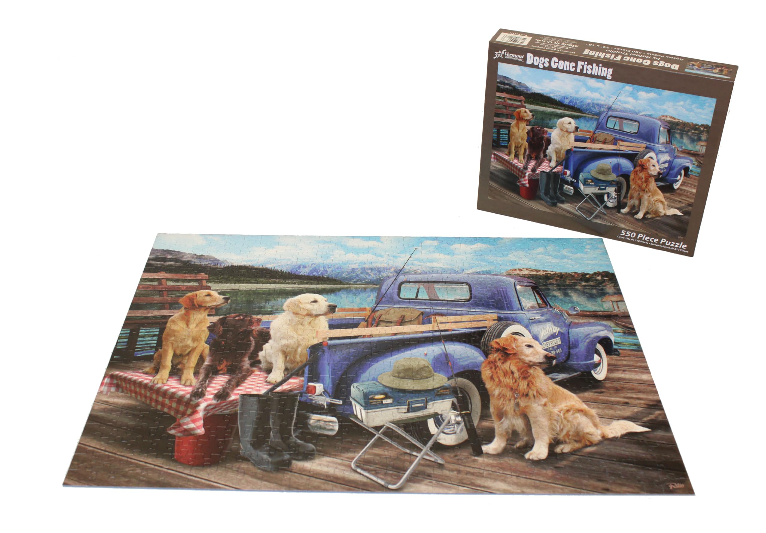 Vermont Christmas Company Dogs Gone Fishing finished puzzle ready for display in your living space.