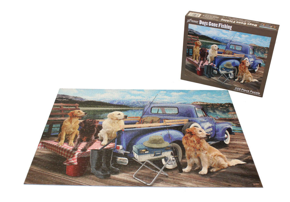 Vermont Christmas Company Dogs Gone Fishing finished puzzle ready for display in your living space.