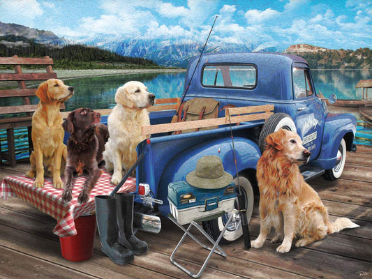 Vermont Christmas Company Dogs Gone Fishing puzzle box front, inviting family puzzle fun.