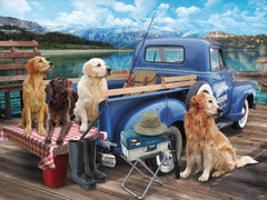 Vermont Christmas Company Dogs Gone Fishing puzzle box front, inviting family puzzle fun.