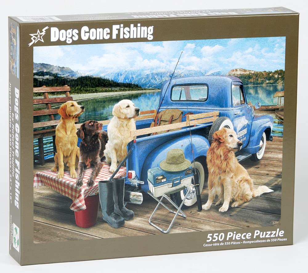 Vermont Christmas Company Dogs Gone Fishing puzzle pieces with randomly shaped edges for engaging play.