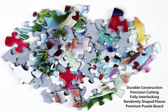 Puzzle in progress on a coffee table featuring Vermont Christmas Company Golfer's Paradise.