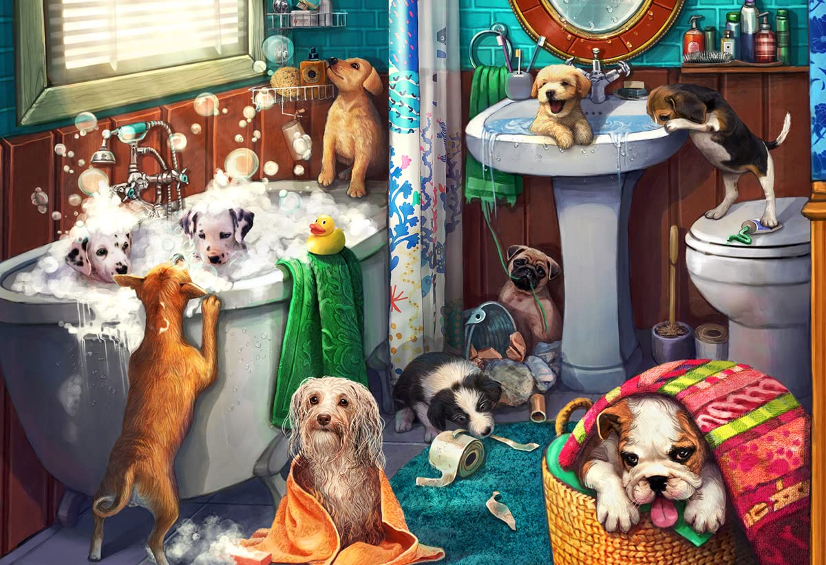 Vermont Christmas Company Puppies in The Bath puzzle close-up scene promotes family bonding.
