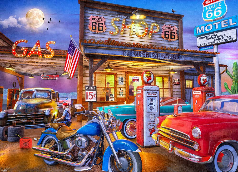 Vermont Christmas Company Route 66 puzzle assembled on a table for family fun.
