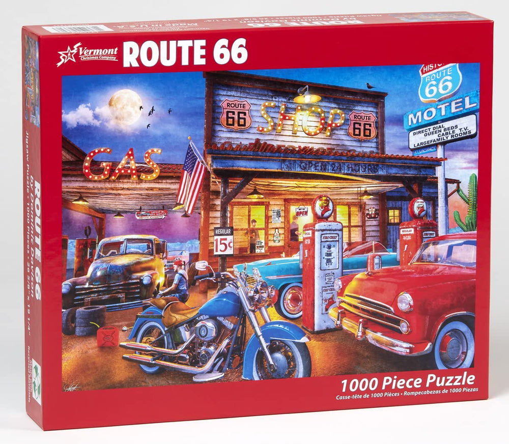 Vermont Christmas Company Route 66 puzzle pieces spread for sorting.