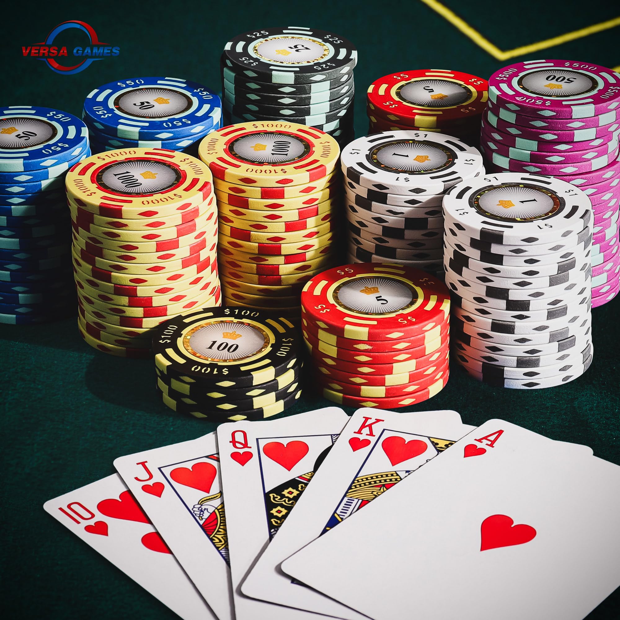 Versa Games chips stacked demonstrates sturdy build and professional look
