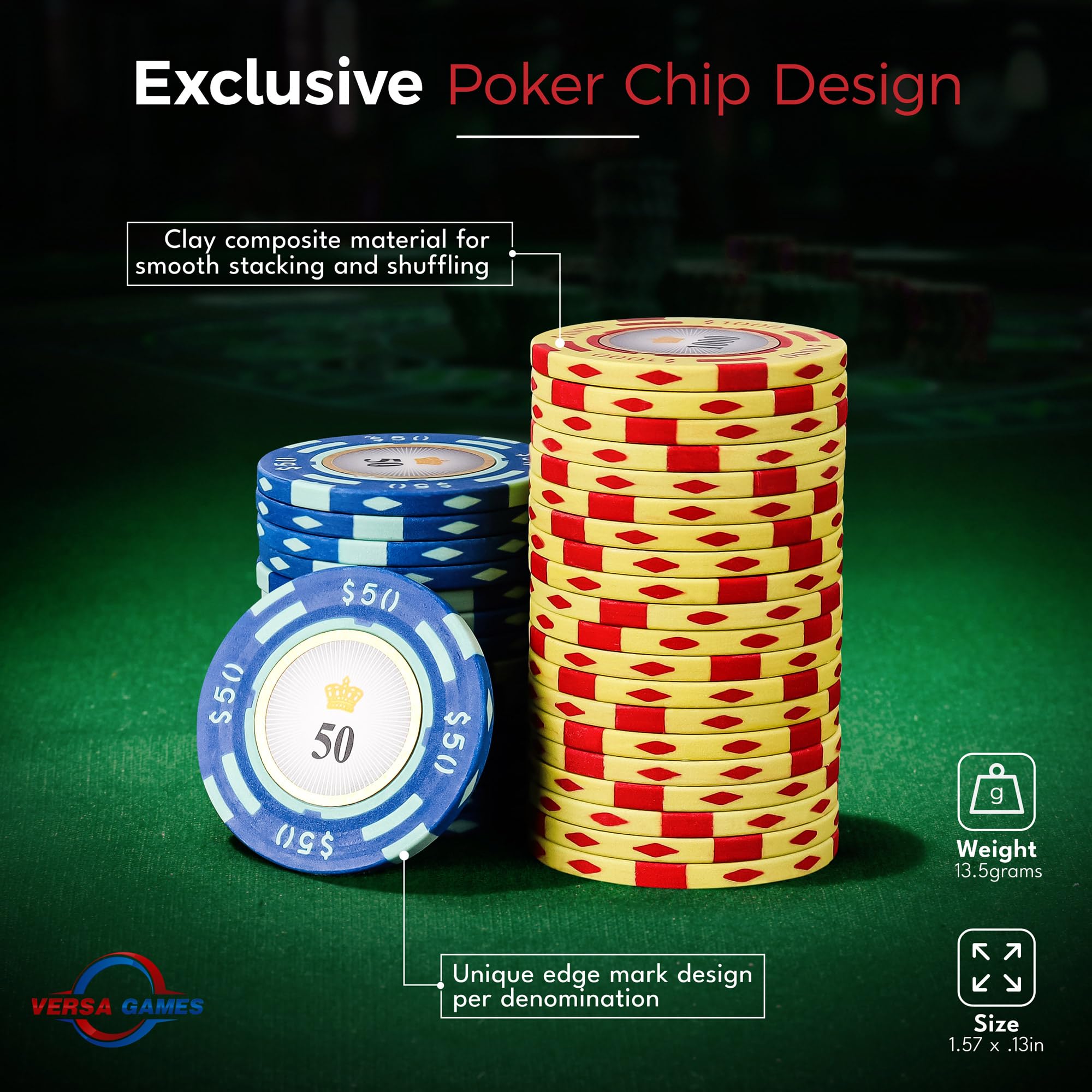 Versa Games poker chips weight 13-5g provides satisfying heft for gameplay