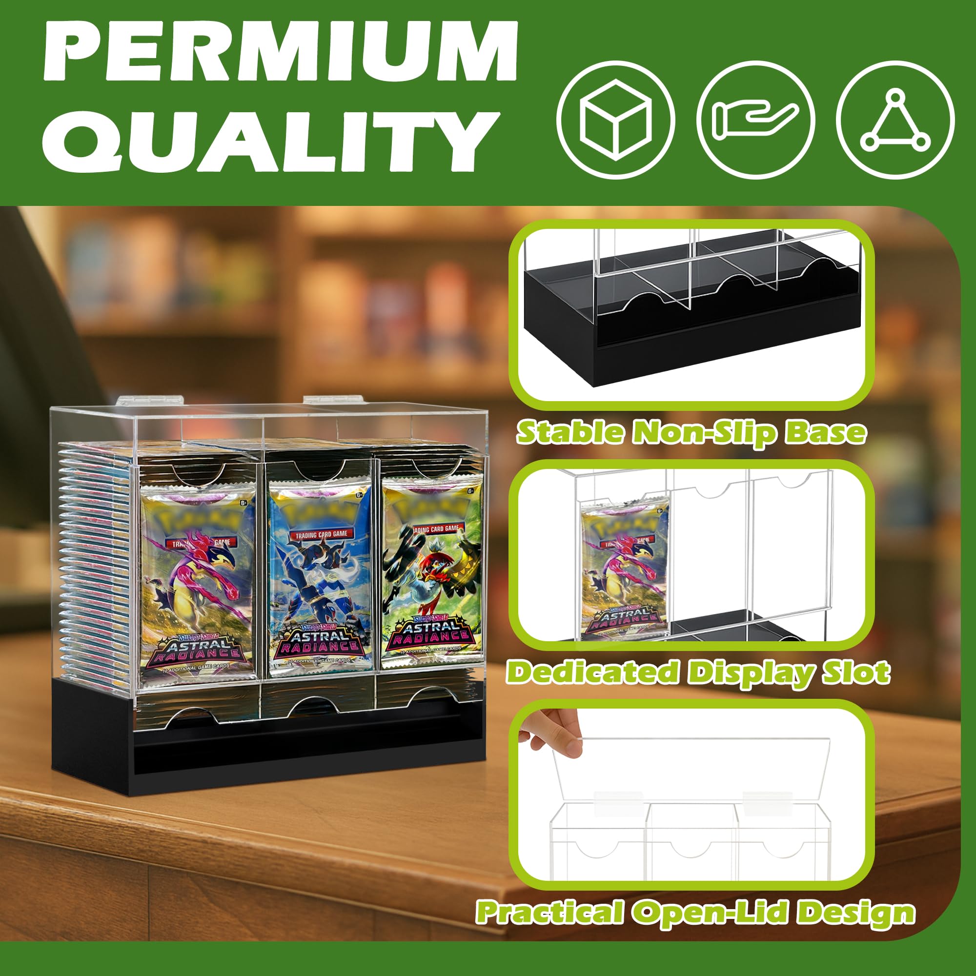 Verssure 3-Slot Booster Pack Dispenser clear acrylic construction highlights pack visibility.