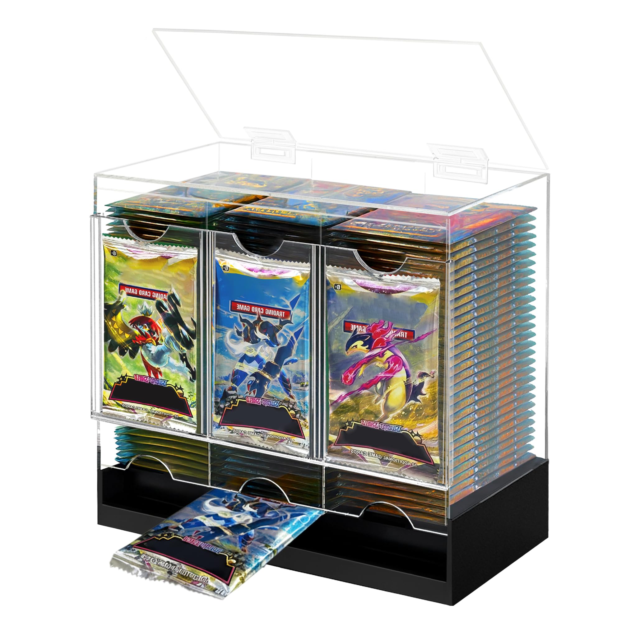 Verssure 3-Slot Booster Pack Dispenser front view, clear acrylic display and easy grabbing of packs.