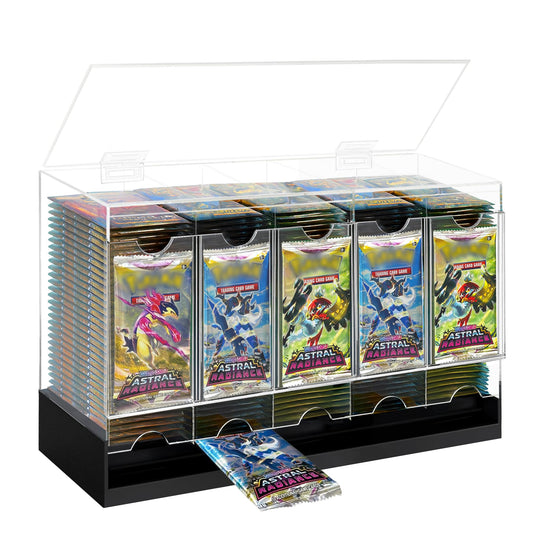 Verssure 5-slot booster pack dispenser front view displaying organized trading card packs for easy browsing.