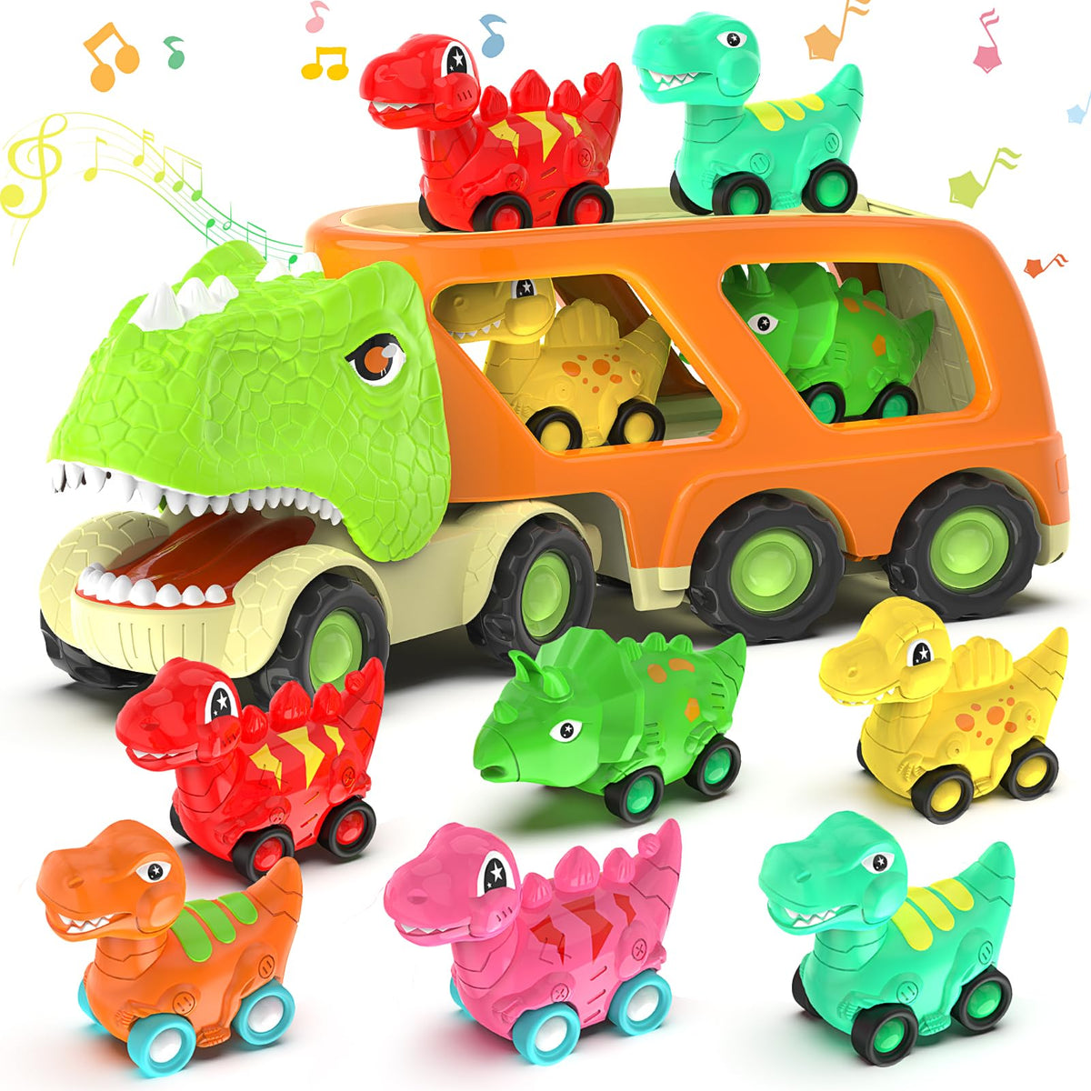 Veslier dinosaur transport truck with six mini dinosaurs for imaginative play.