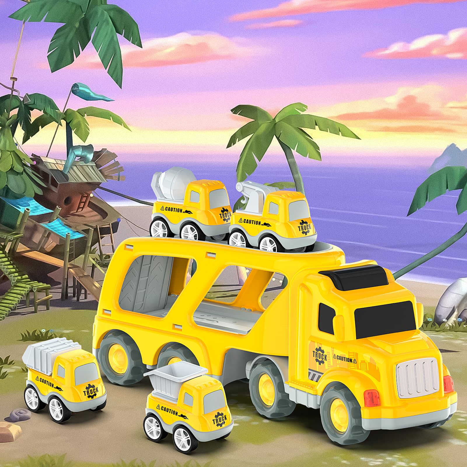 Veslier dump truck component supports pretend work-site sorting.