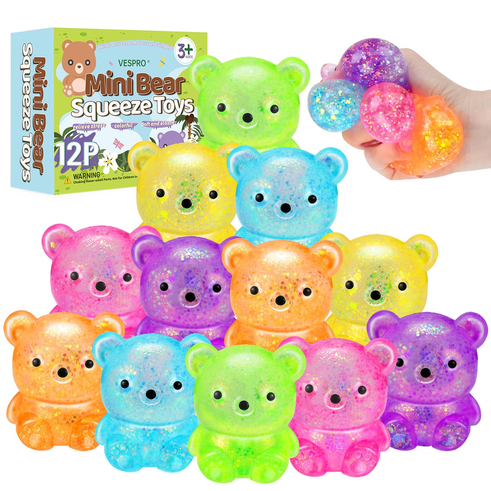 VESPRO 12-pack bear-stress-ball rainbow set for colorful, portable stress relief.