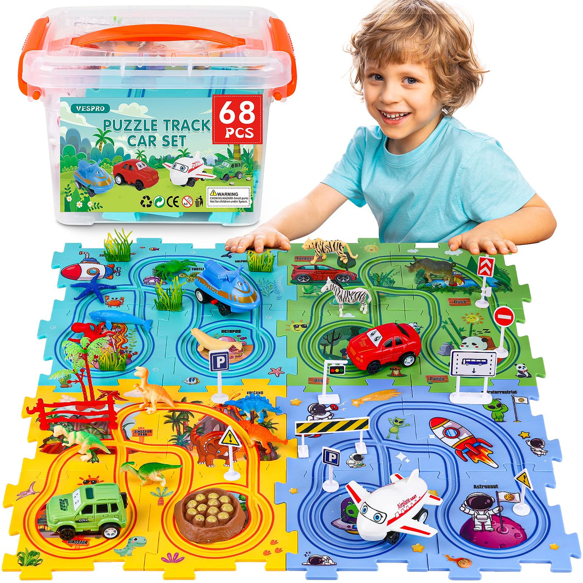 VESPRO 4 Series overview of the toddler car track set for creative play and motor skills.