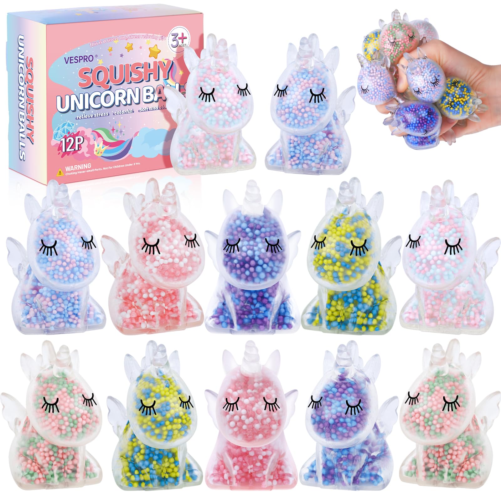 VESPRO unicorn stress ball 12-pack for kids and adults, ideal for tactile relief