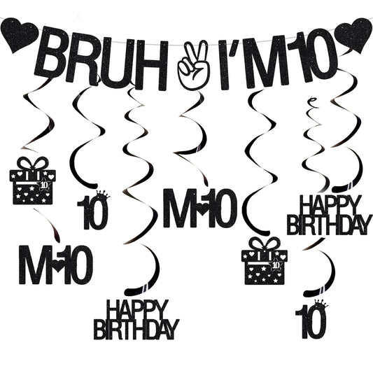 VeyoCraft Bruh I'm 10 banner shimmering black glitter for bold party decor