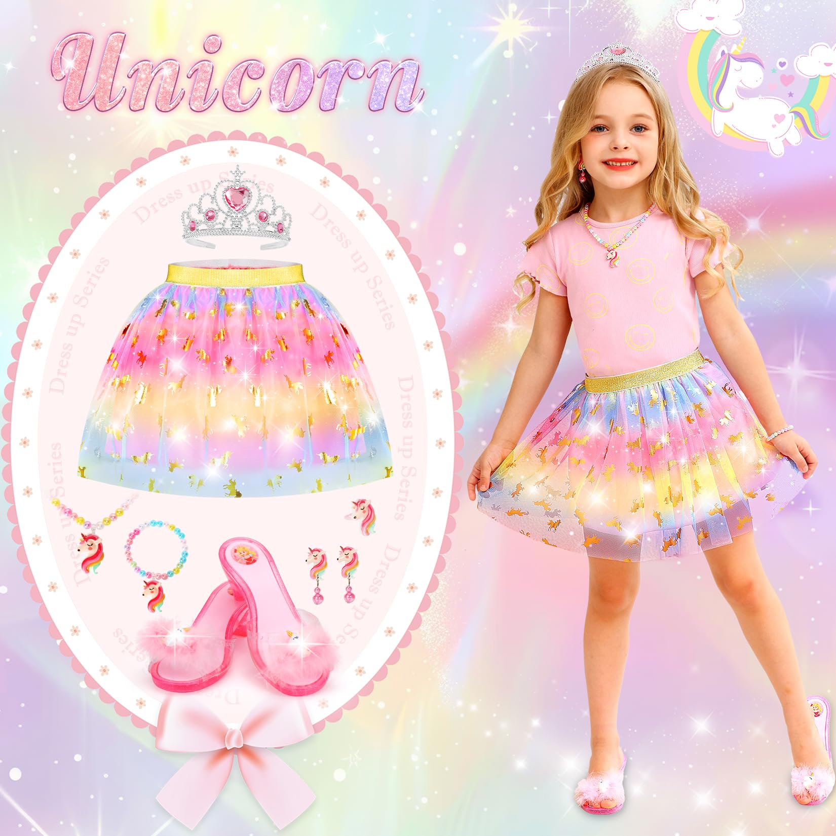 VGOFUN unicorn-themed dress up outfit with tiara and skirt for magical play.