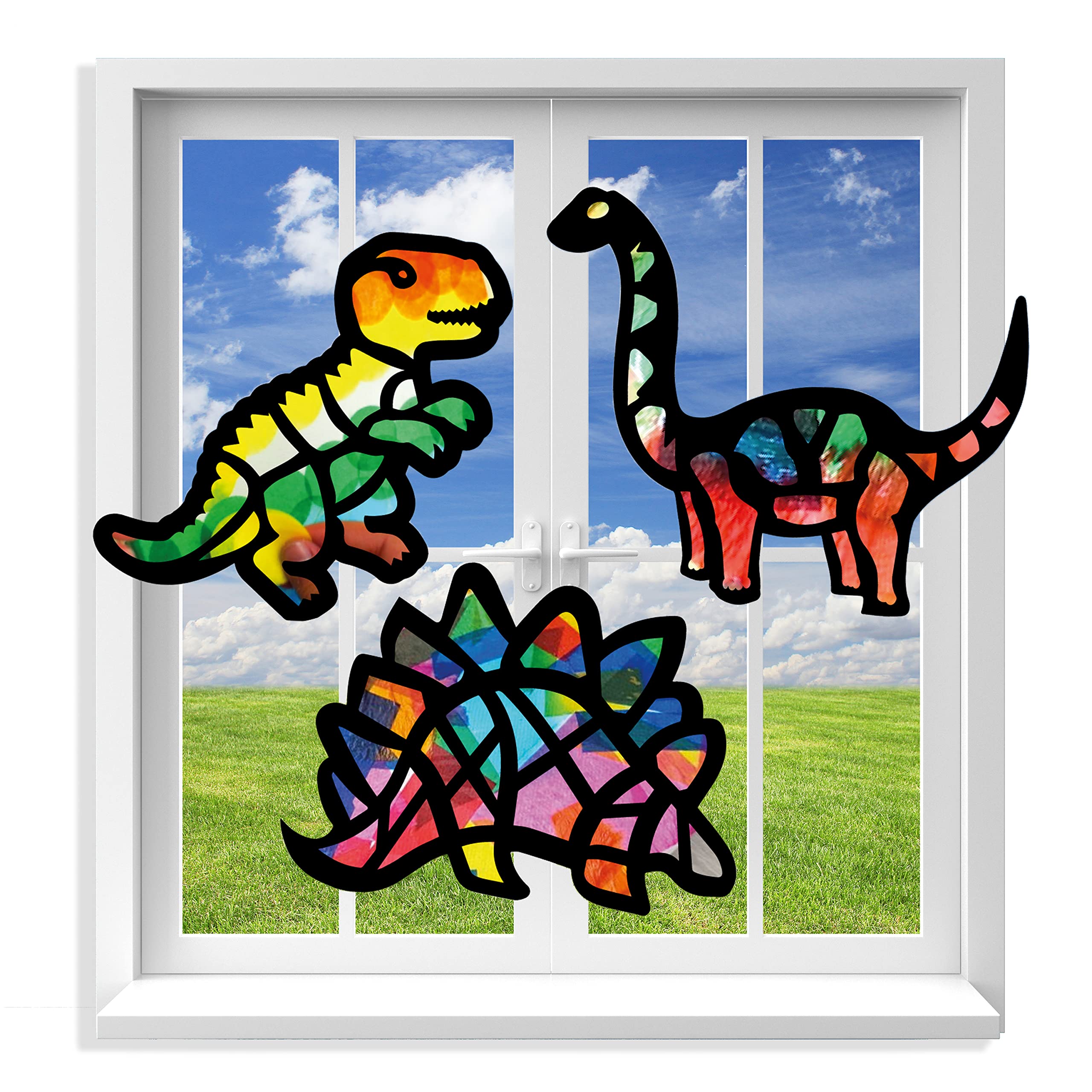 VHALE dinosaur suncatcher template with color tissue papers enhances fine motor skills.