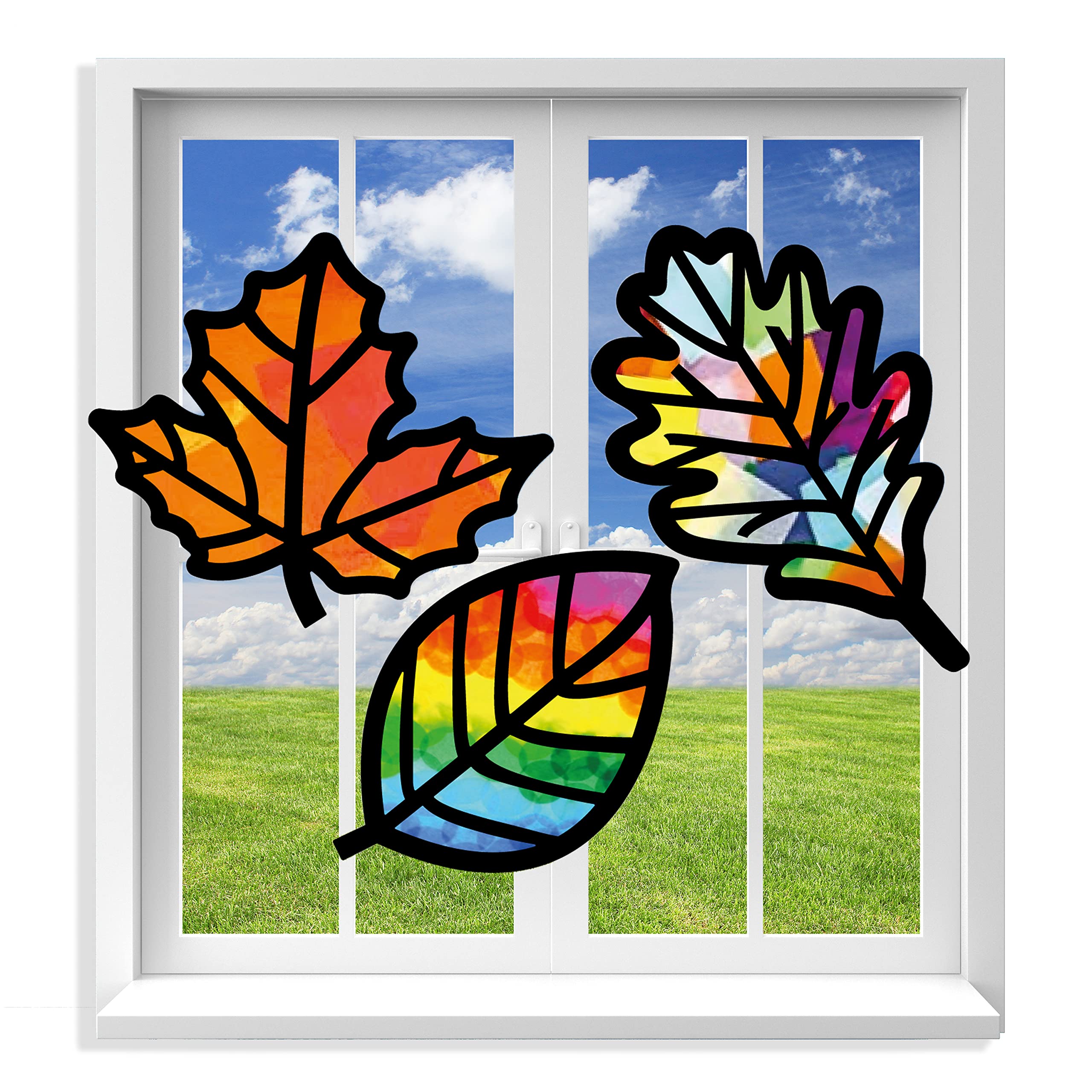 VHALE Suncatchers Fall Leaf templates glow in sunlight, adding vibrant classroom or home decor
