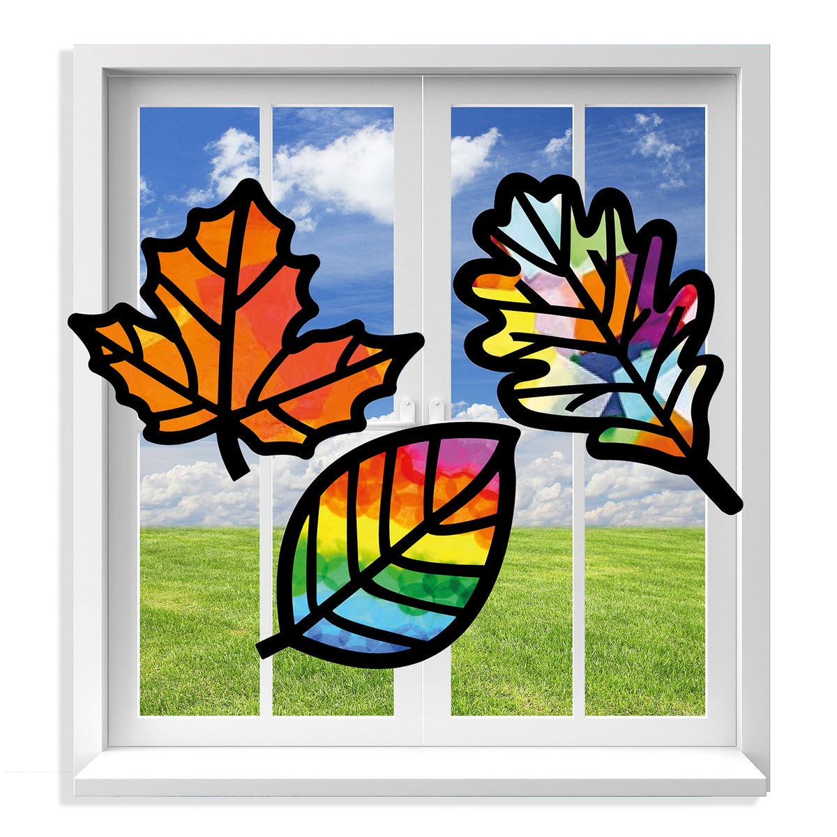 VHALE Suncatchers Fall Leaf templates glow in sunlight, adding vibrant classroom or home decor