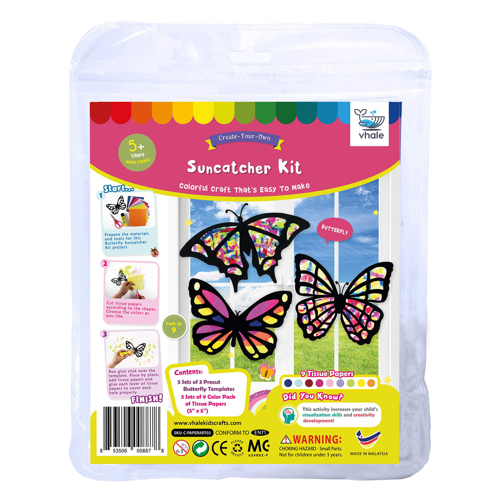 VHALE window art project featuring butterfly suncatchers for seasonal decor.