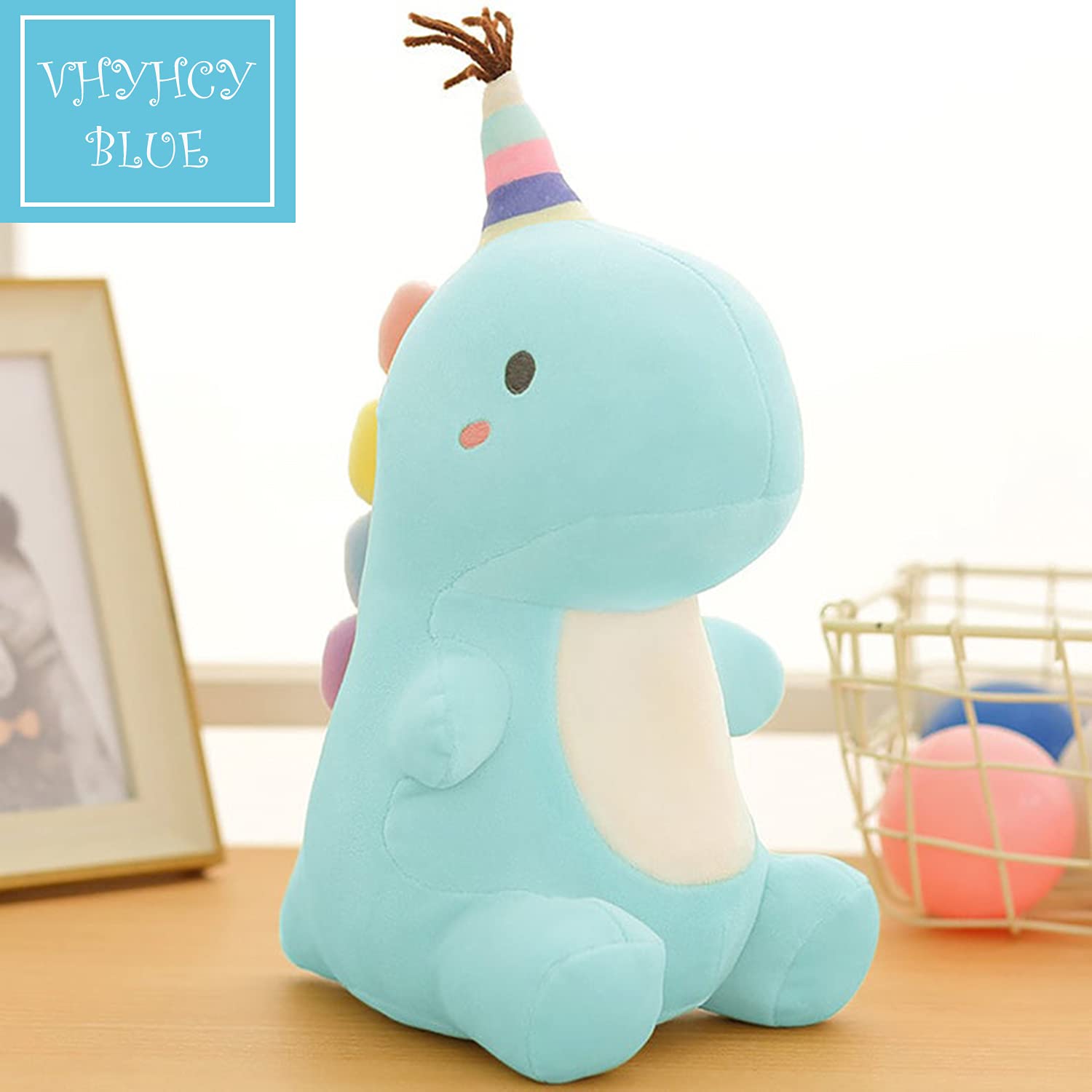 VHYHCY blue dinosaur plush face close-up highlighting soft material.