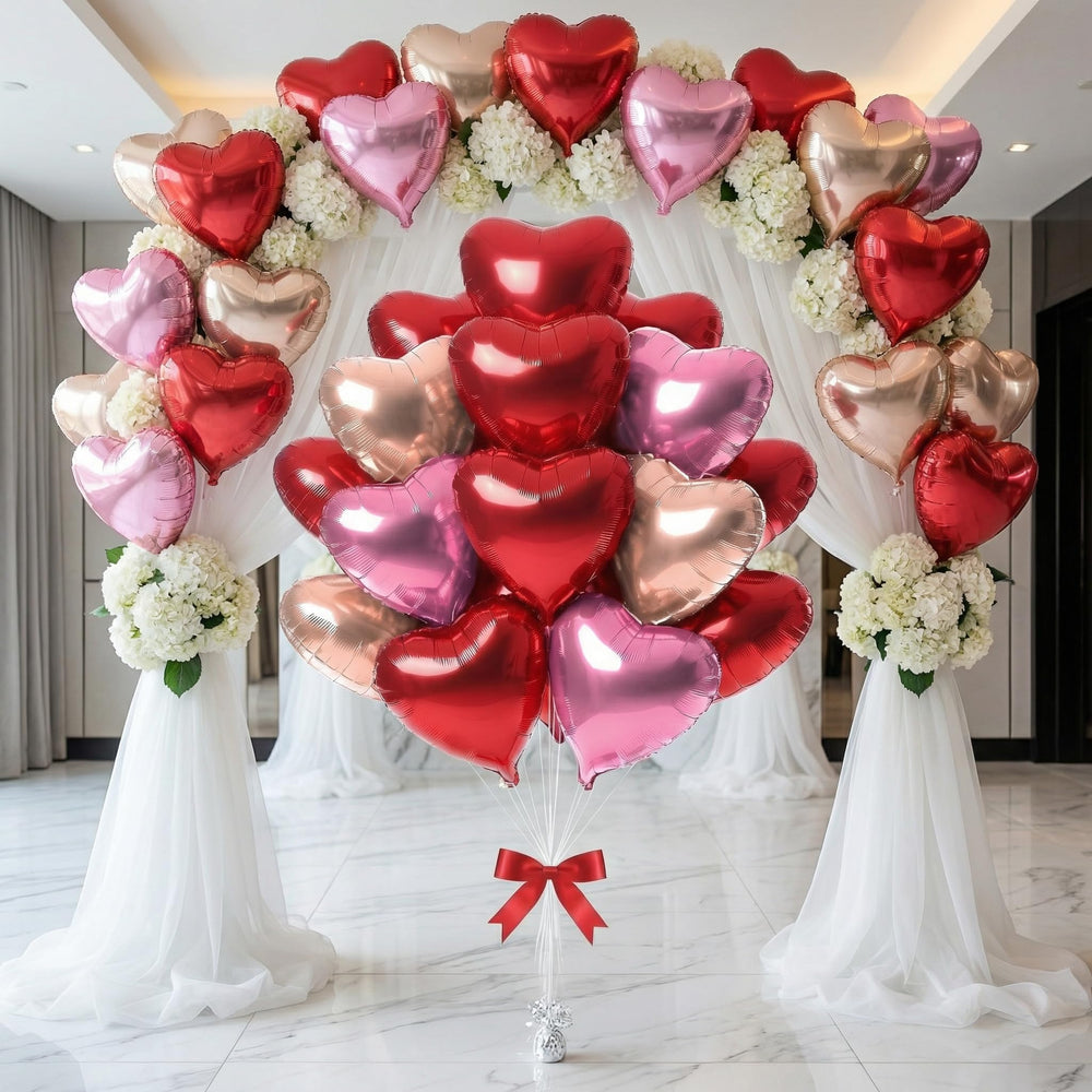 Viaecone Valentine decor ideas using red pink gold balloons