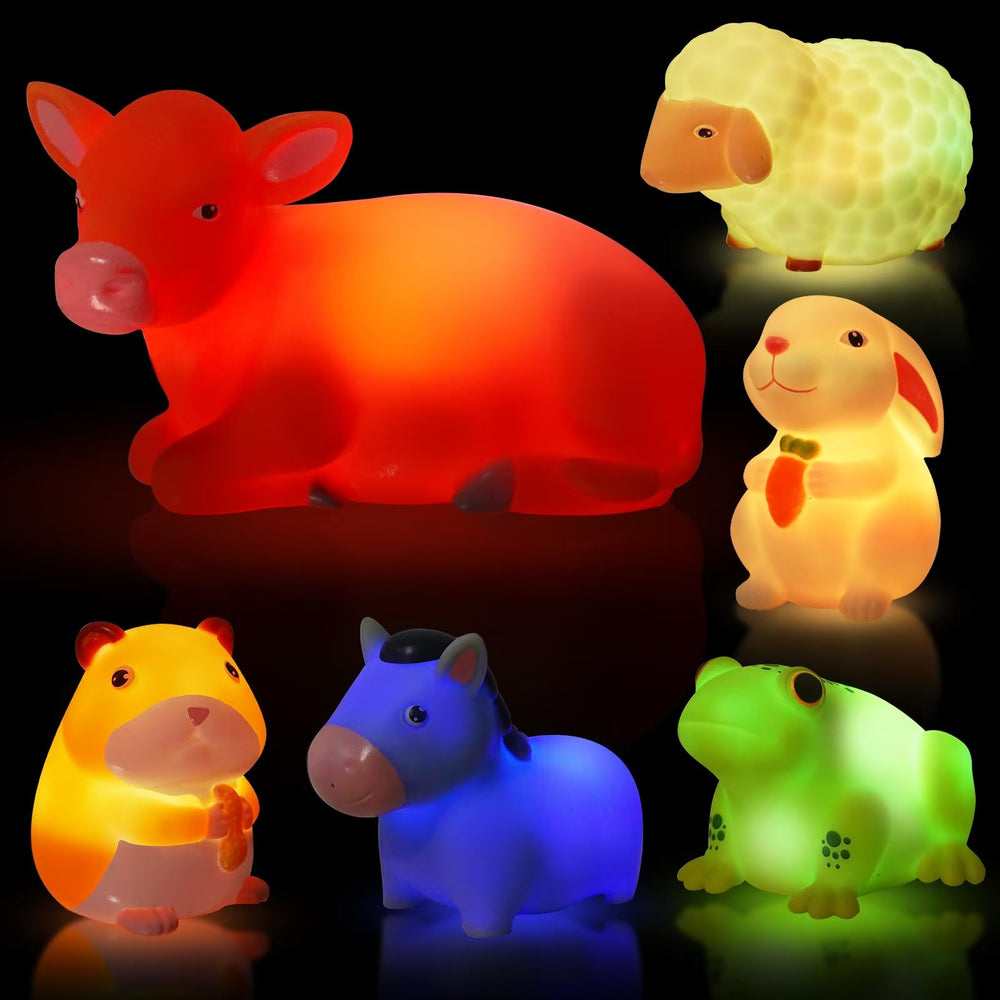 VIBOYLAR bath toys set with farm animals glowing in tub for toddlers' bath time fun.