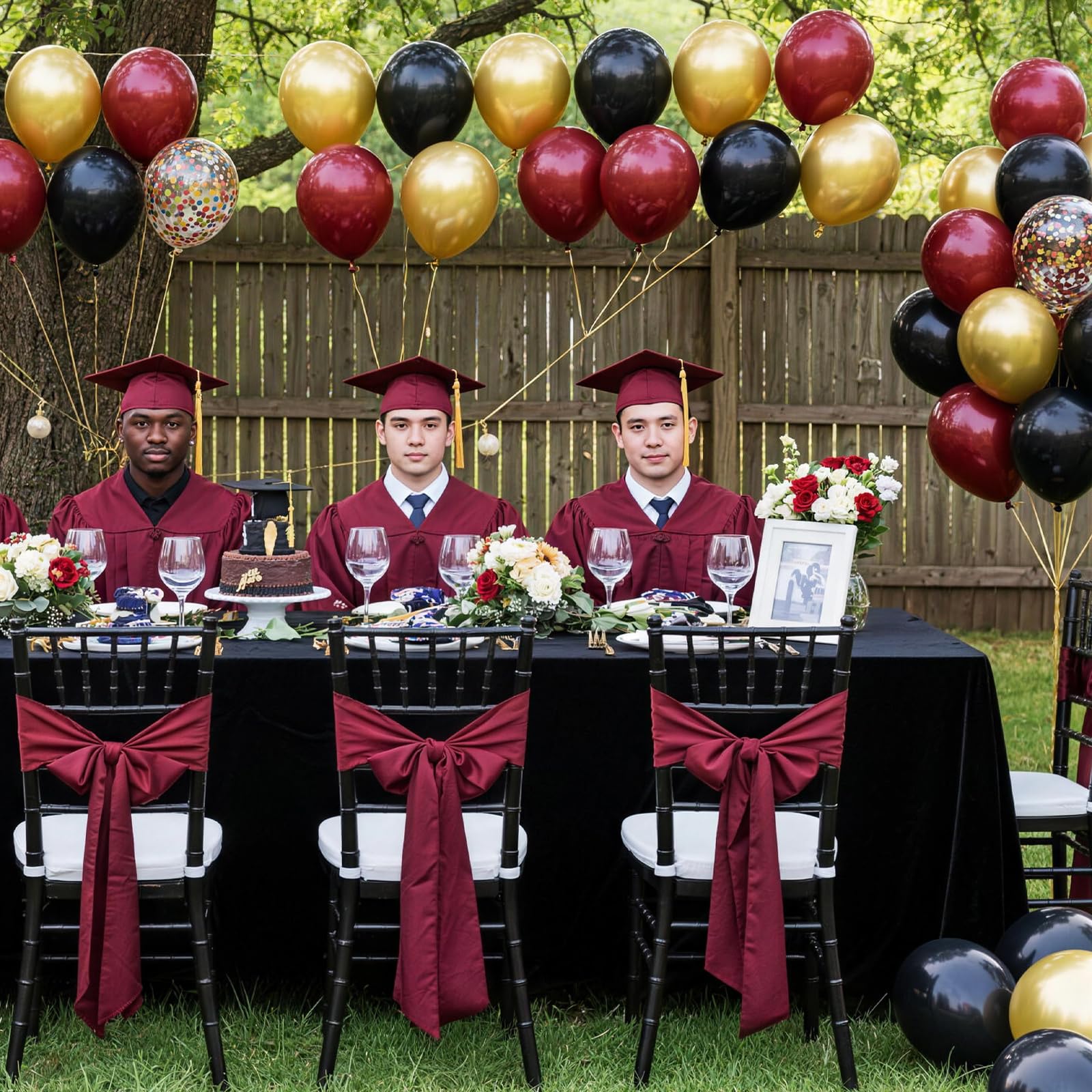 Vibzox burgundy and gold decor enhances birthdays, graduations, and baby showers.