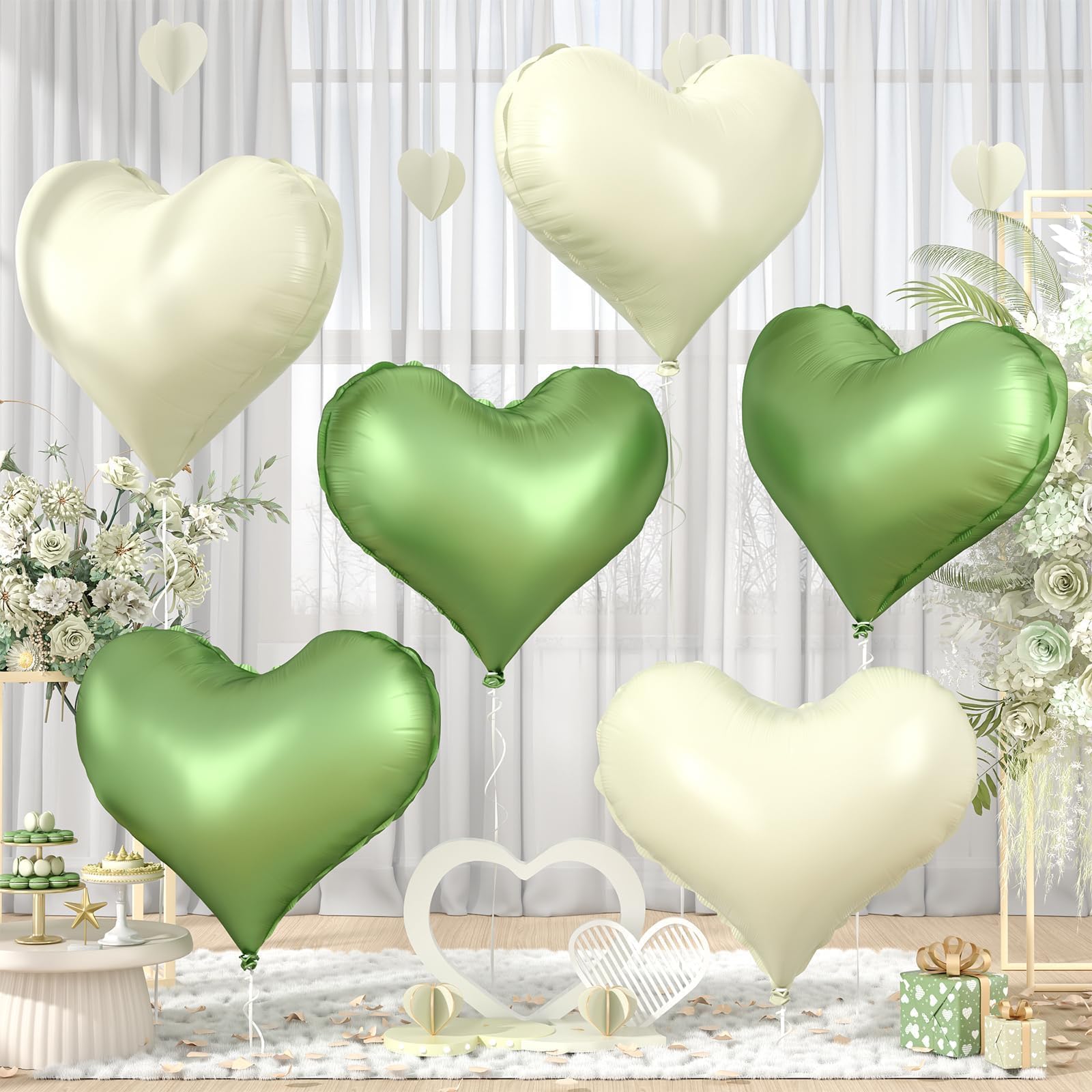 Vibzox green and cream heart balloons for a romantic 24-inch centerpiece.