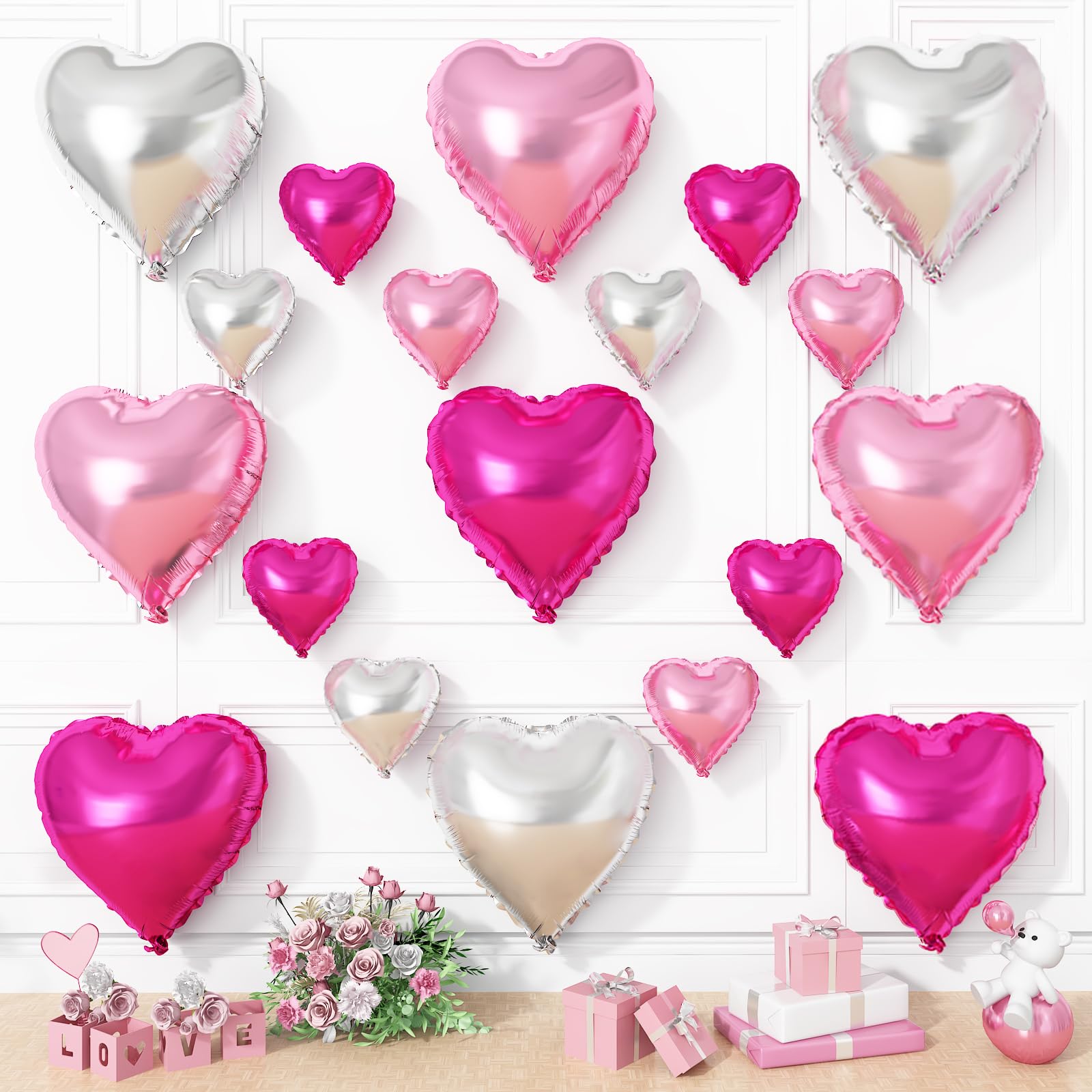 Vibzox hot pink and silver heart balloons in 18in height create a stylish centerpiece.