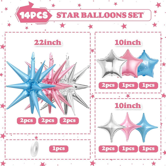 Vibzox pink blue silver four-pointed stars 10-inch balloons elevate garlands and shine