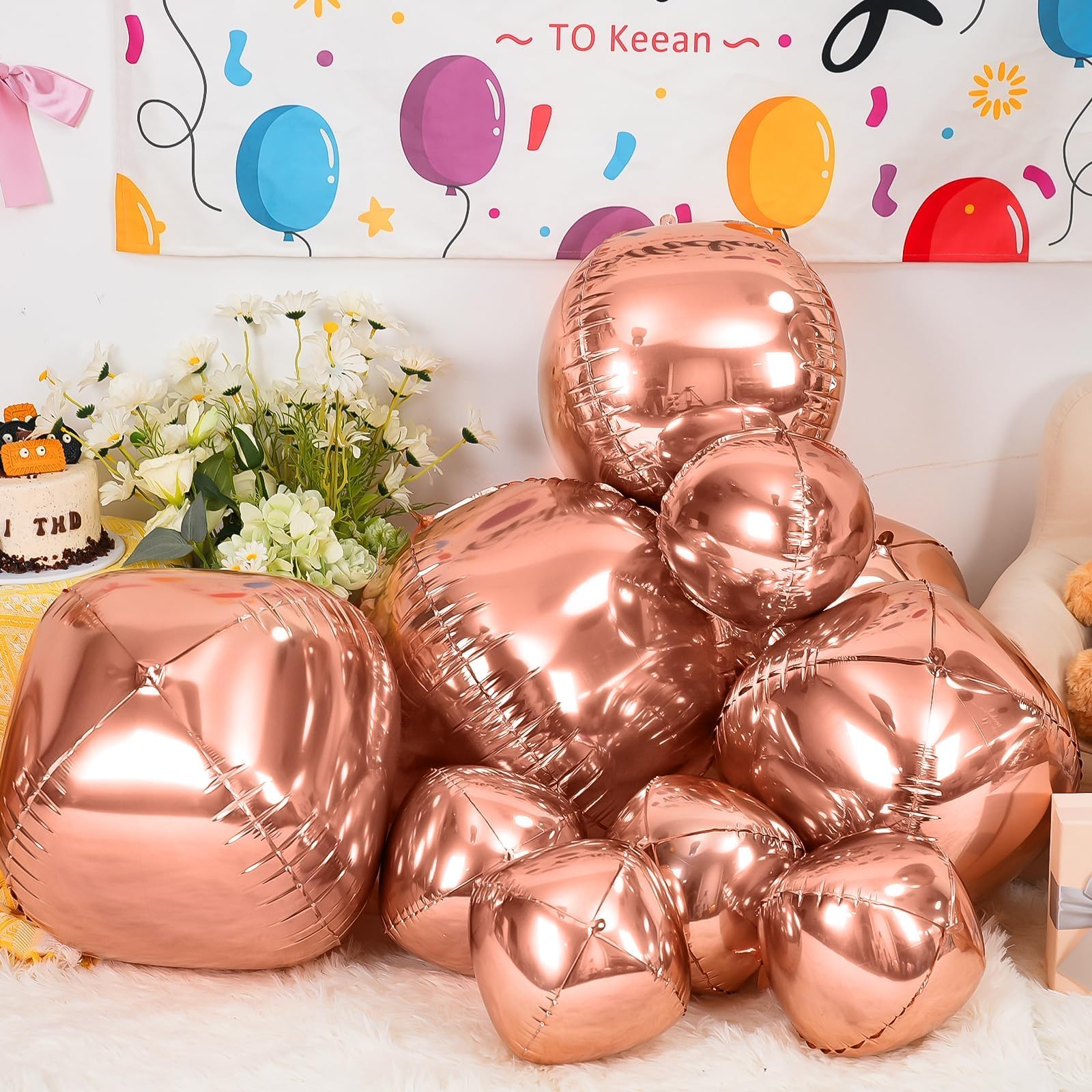 Vibzox rose gold foil balloons catch light for dazzling decorations.