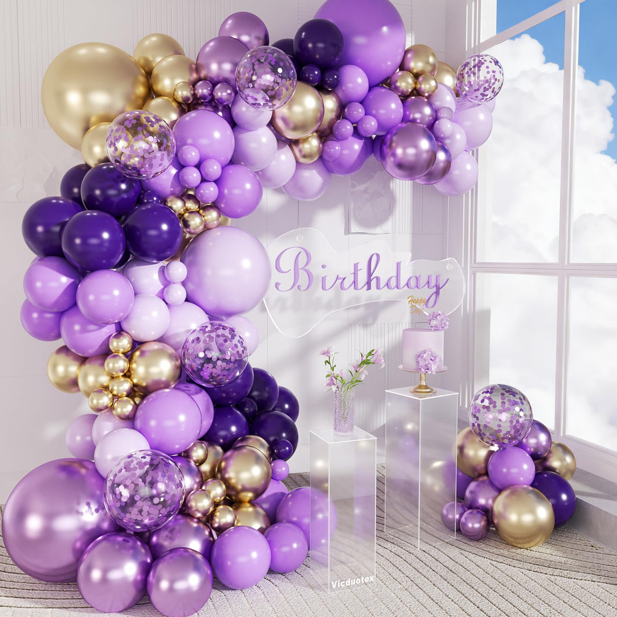 Vicduotex balloon arch kit packaging shows full contents for quick setup and easy decorating.