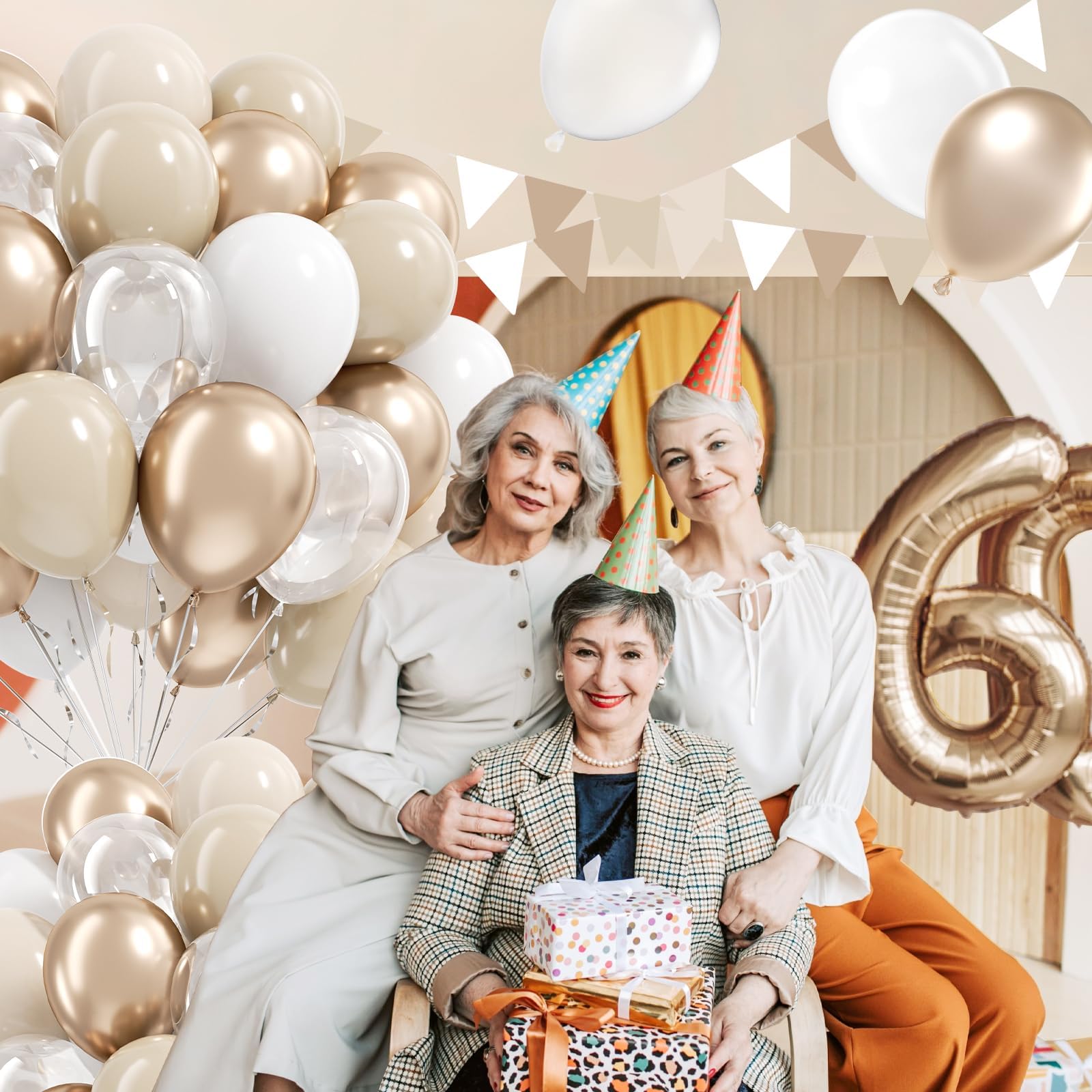 Beige, white, ivory, sand, and champagne gold shades.