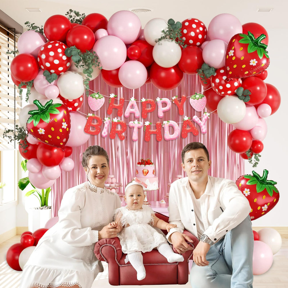 Vicduotex red polka dot balloons create charming contrast for strawberry themes.