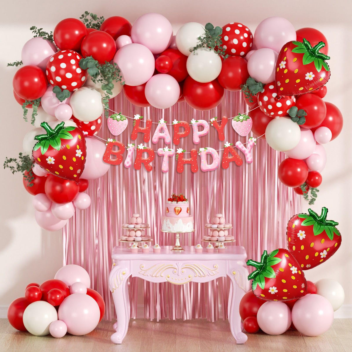 Vicduotex strawberry pink fringe curtain creates a whimsical photo backdrop.
