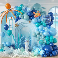 Vicduotex under the sea balloon arch kit blue-teal-dusty-blue-orange for ocean party backdrops