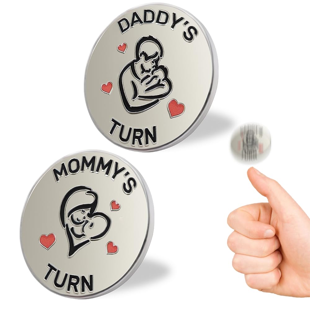Vichona decision coin front with mommy's turn design, a playful gift for new parents.