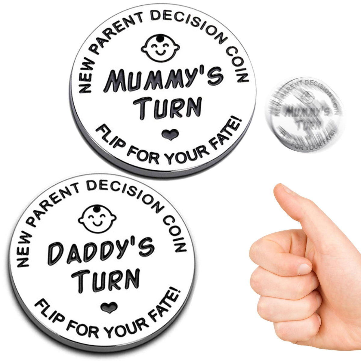 Vichona double-sided decision coin showing Daddy's Turn for late-night diaper decisions