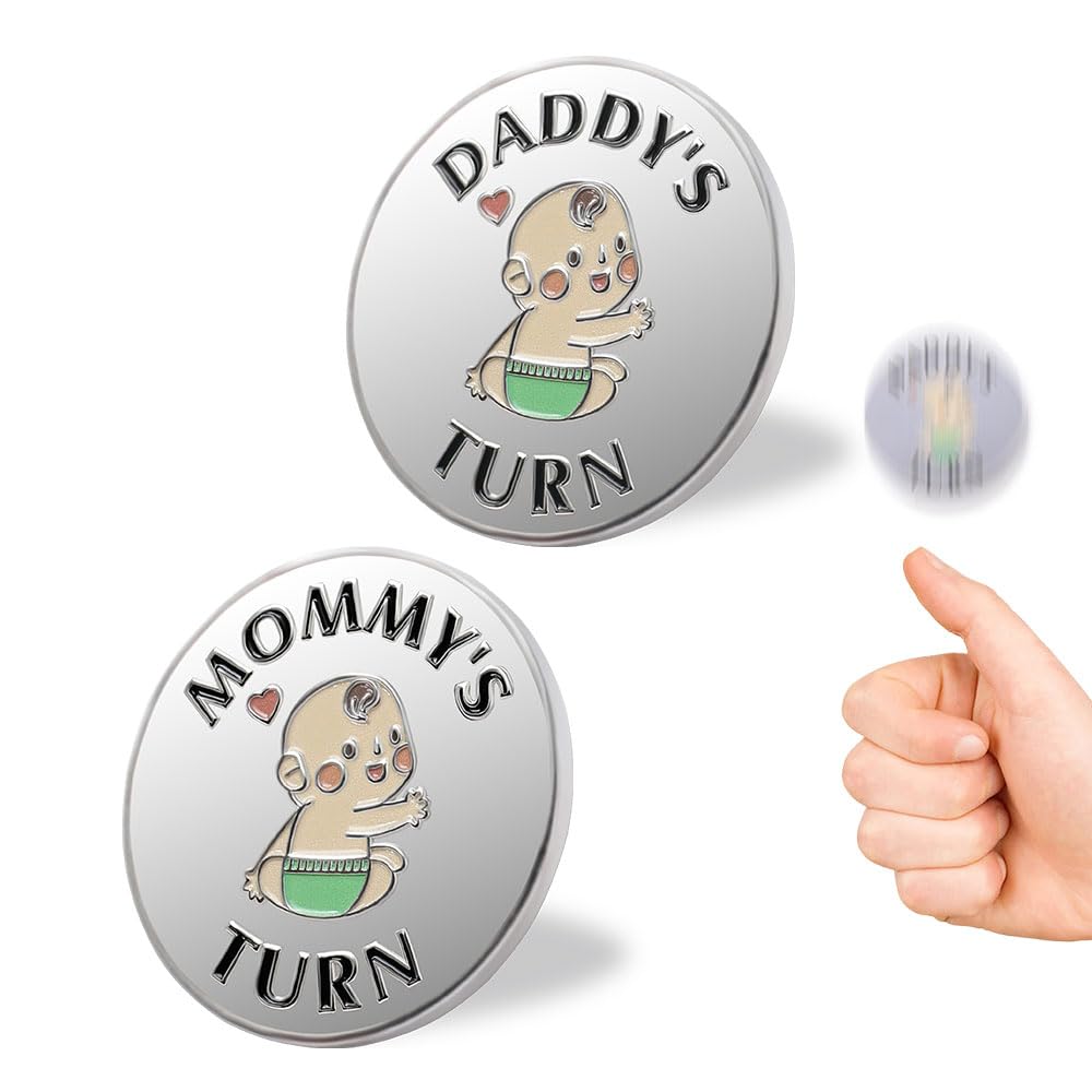 Vichona new-parents-decision-coin gold front shows MOMMY'S TURN for lighthearted moments