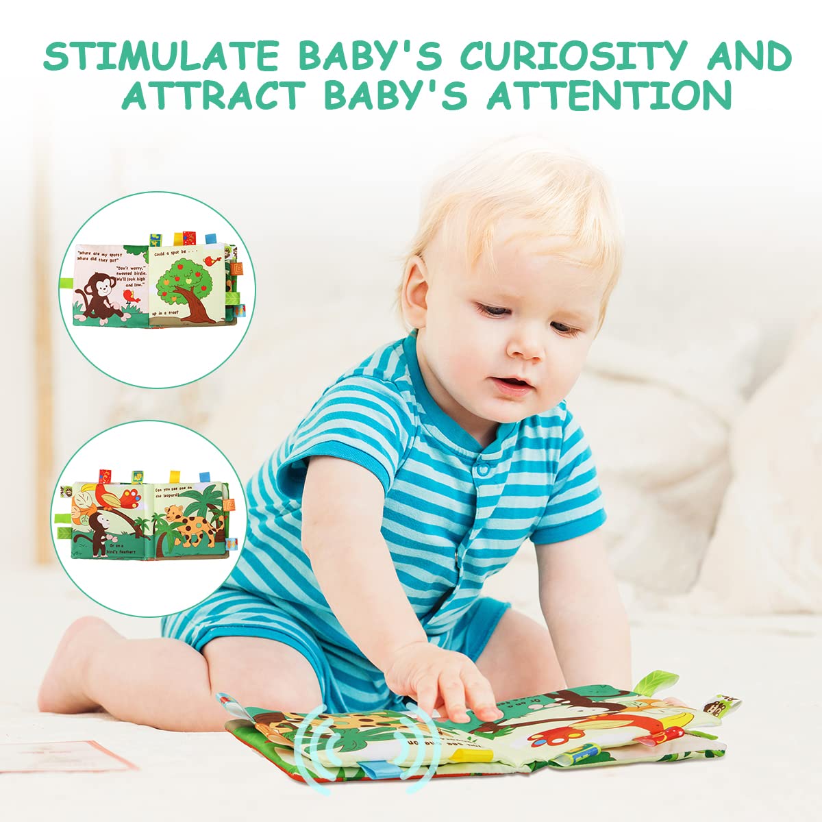 Built-in rustle and squeak sound to engage babies during playtime