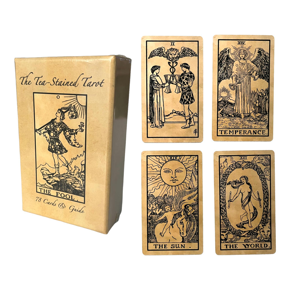 Vieux Monde Express tea-stained tarot deck front for enhanced ambiance readings