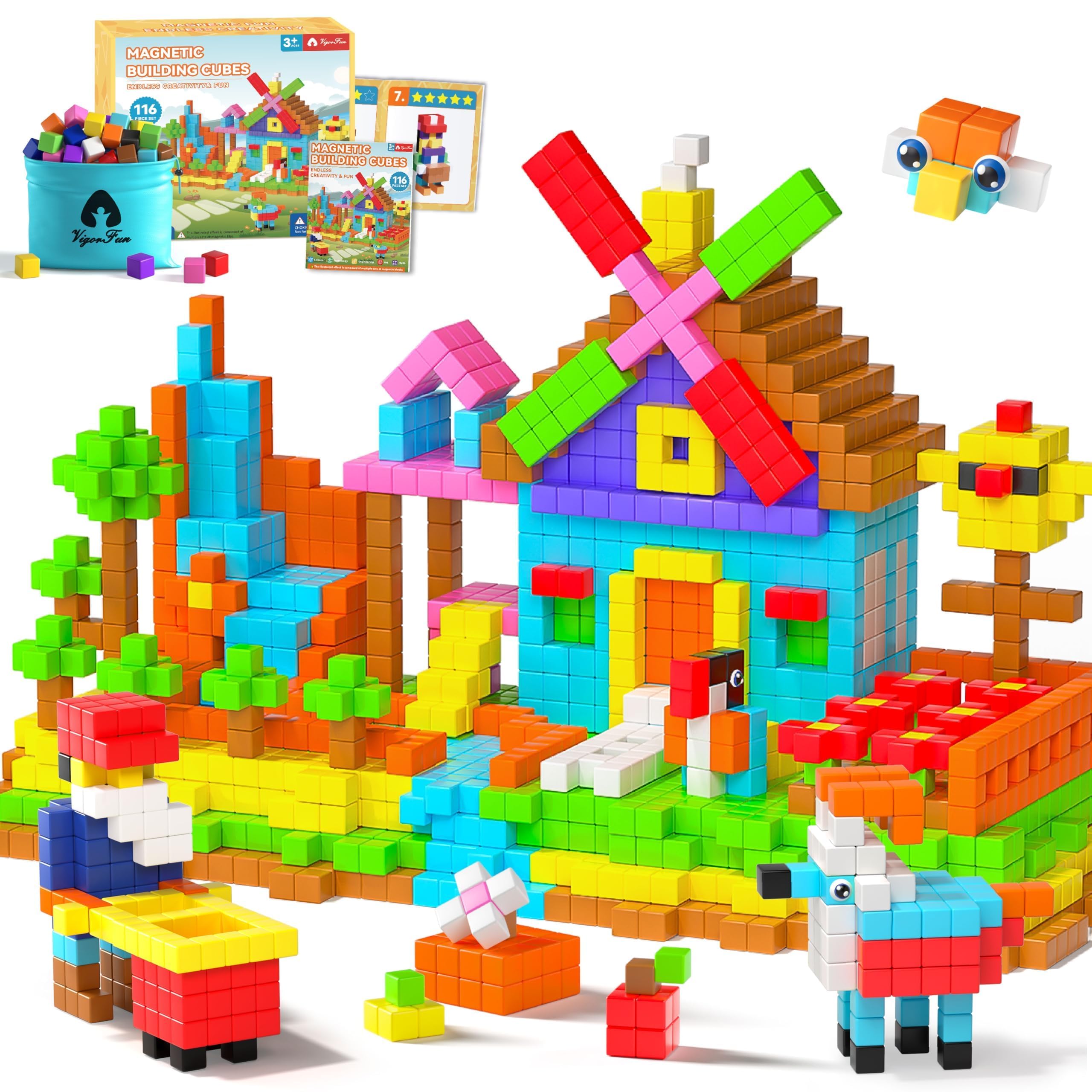 VigorFun 116pcs magnetic blocks set with bright colors for hands-on learning and color recognition.
