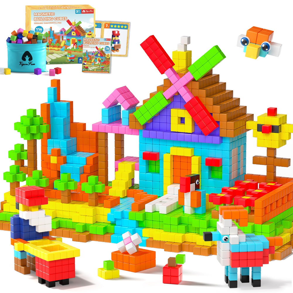 VigorFun 116pcs magnetic blocks set with bright colors for hands-on learning and color recognition.