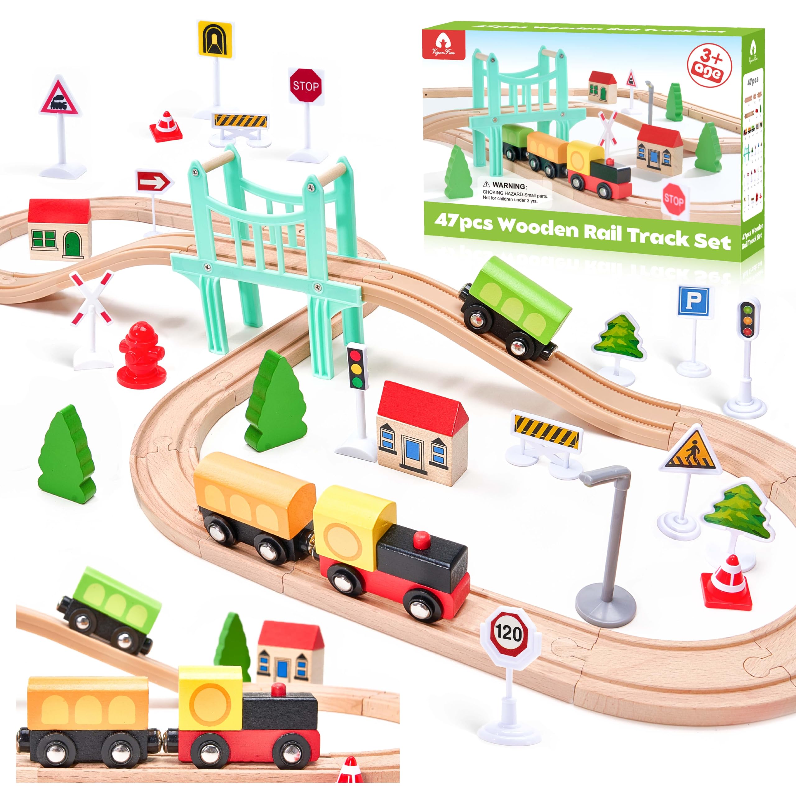 VigorFun 47pc train set pieces foster imaginative town building and hands-on play.